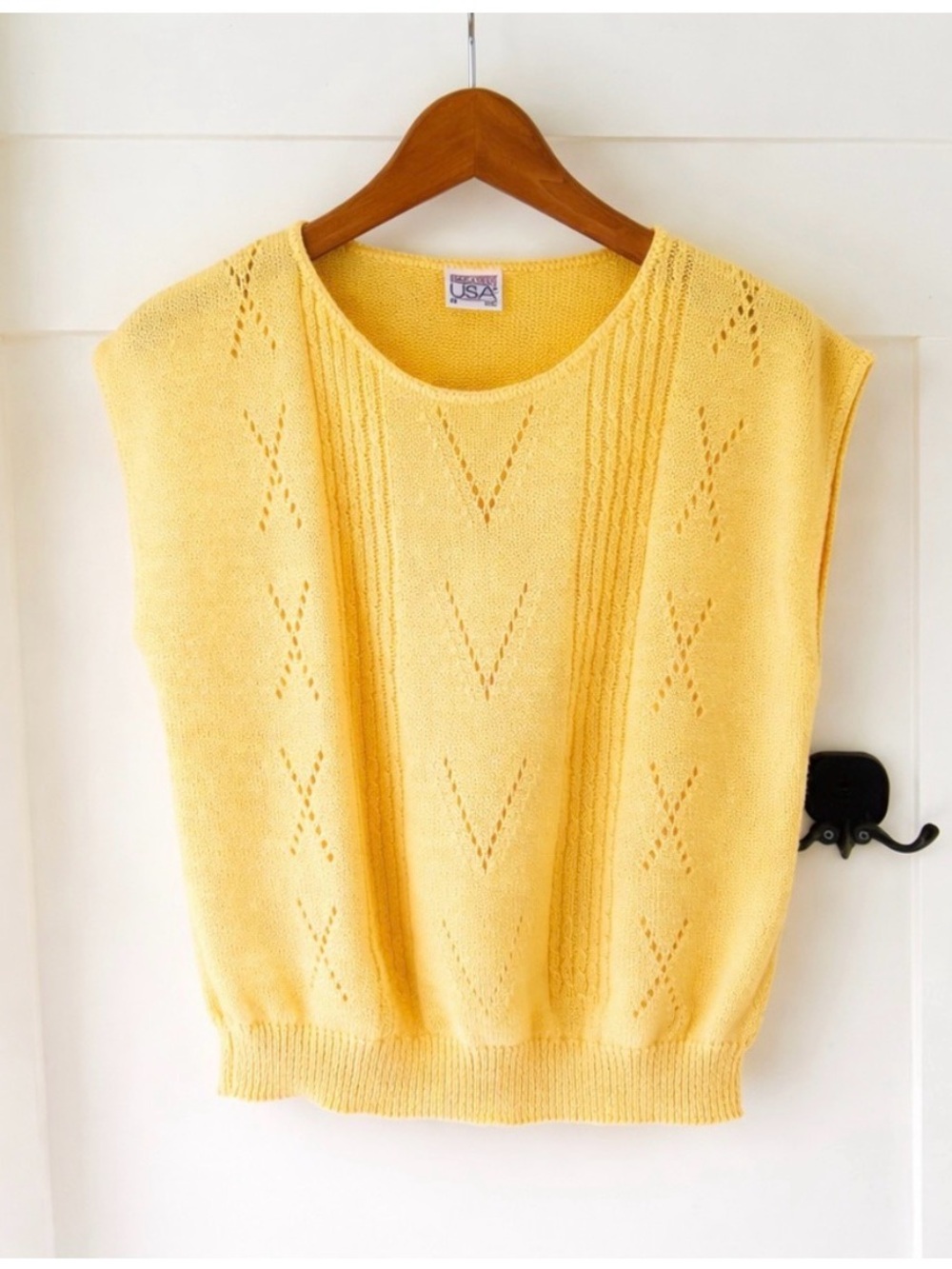 Vintage Sweaters USA Yellow Pointelle Sweater Vest | Cottagecore Minimalist